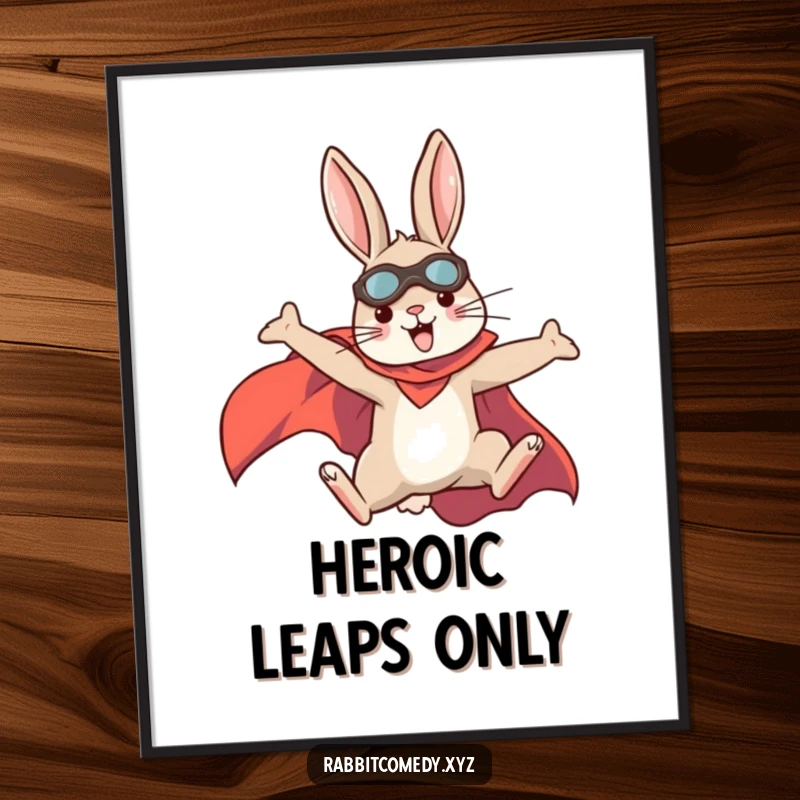 Funny rabbit superhero leaping high on a poster, cape flowing, radiating determination and power, a wall art funny gift.