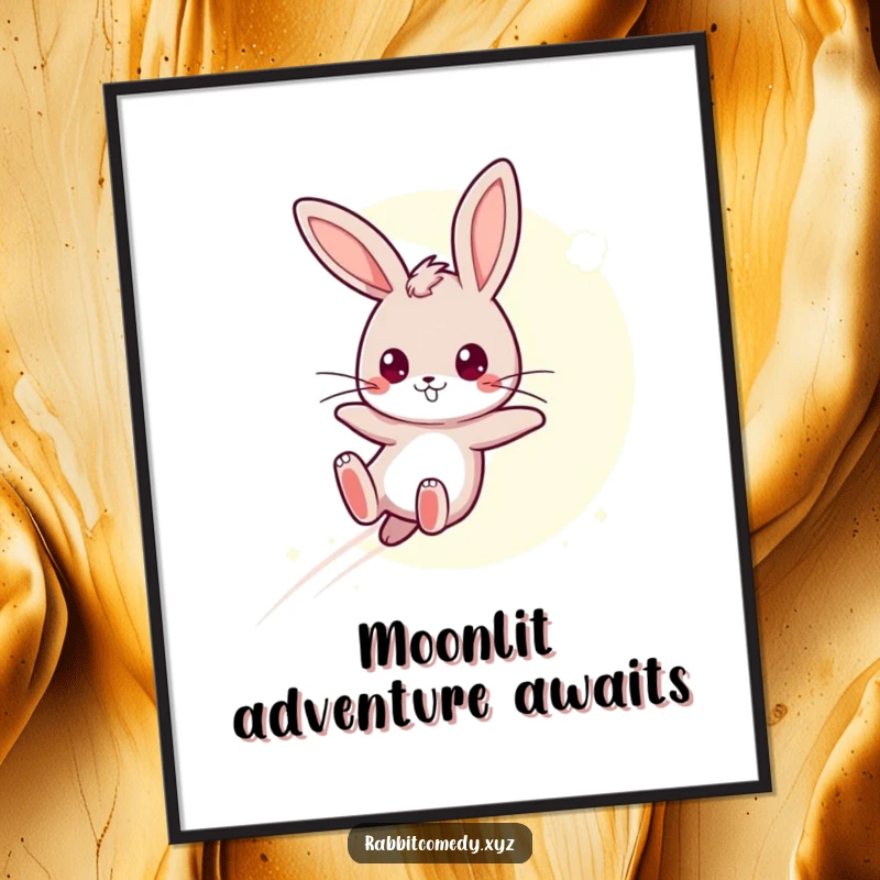 Funny Poster: A determined kawaii rabbit leaps over a moonbeam, creating a humorous and magical piece of wall art.