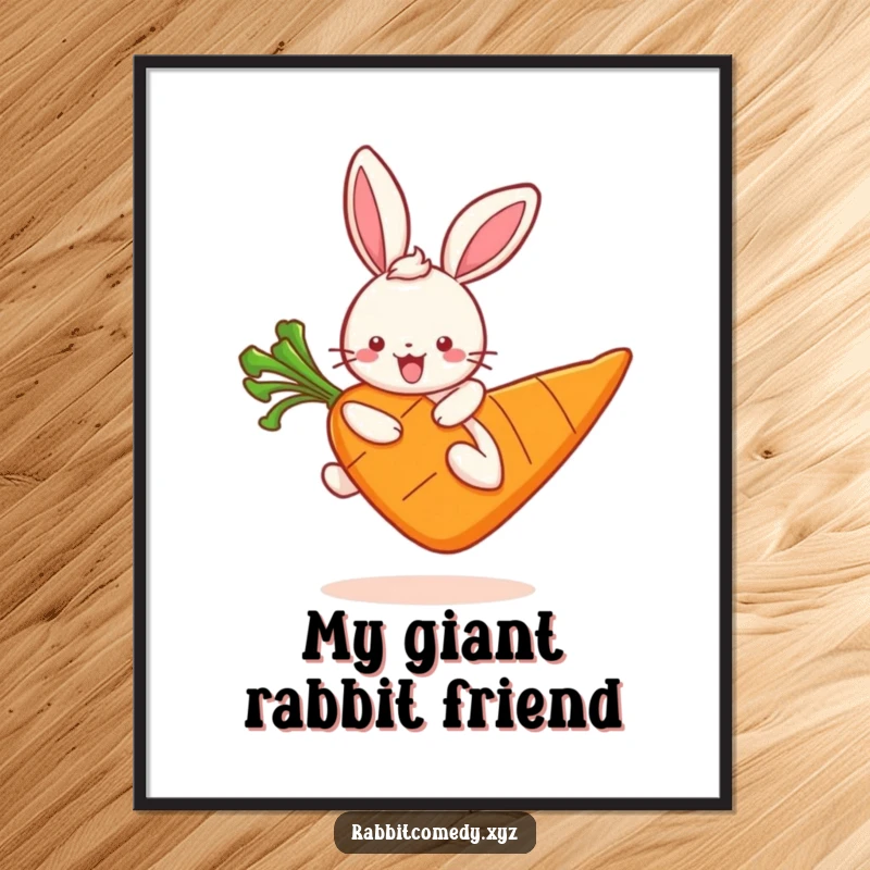 Funny kawaii rabbit character joyfully leaping on a colossal carrot, a vibrant and exciting poster for any room.