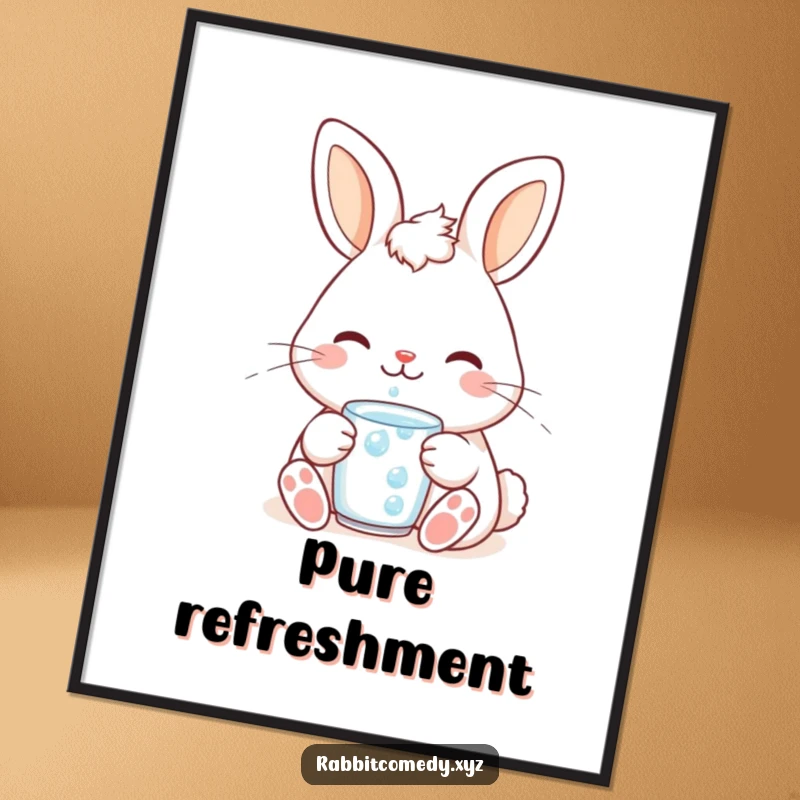 Funny cute kawaii rabbit poster, illustrating a contented bunny with a smile, savoring a dewdrop, bringing peaceful vibes to decor.