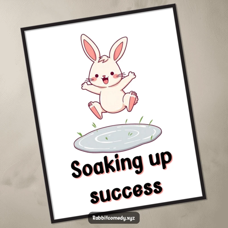 Funny poster art of a determined rabbit leaping with flair over a tiny puddle, capturing a moment of triumph.