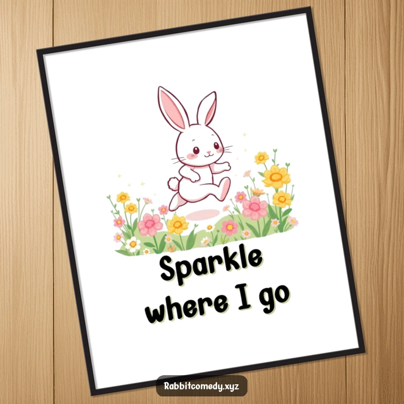 Funny wall art poster, an energetic rabbit dashing through a colourful flower field, leaving a magical, shimmering trail of sparkles.
