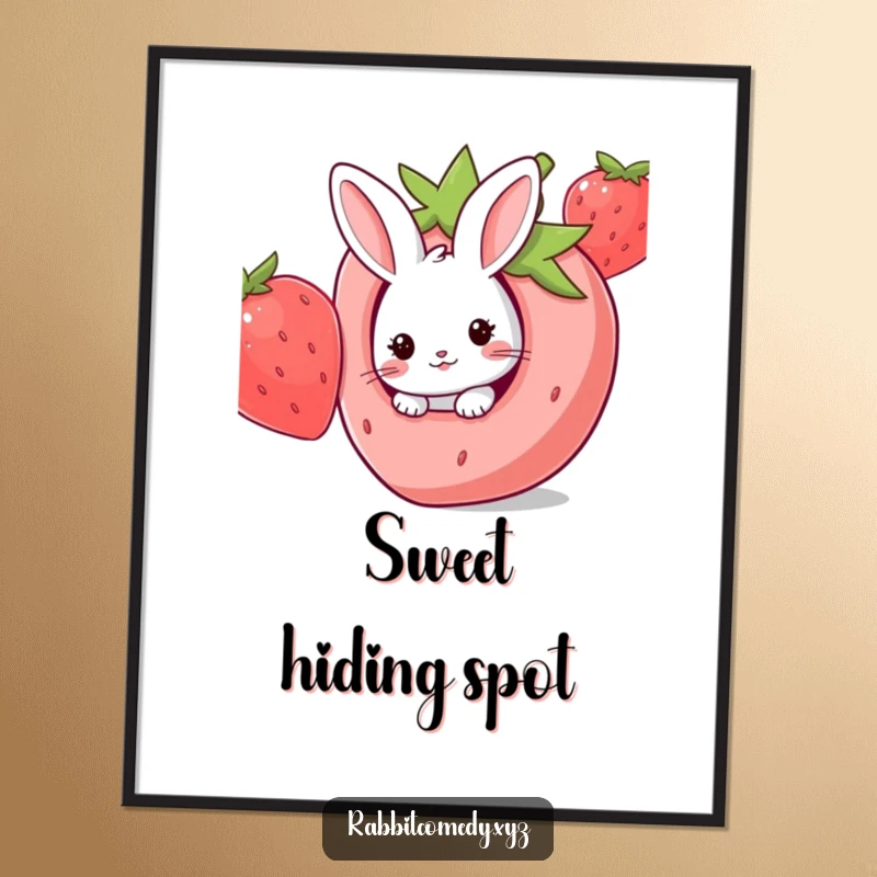 Funny Kawaii rabbit peeking from a hole in a giant strawberry, creating charming and humorous wall art.