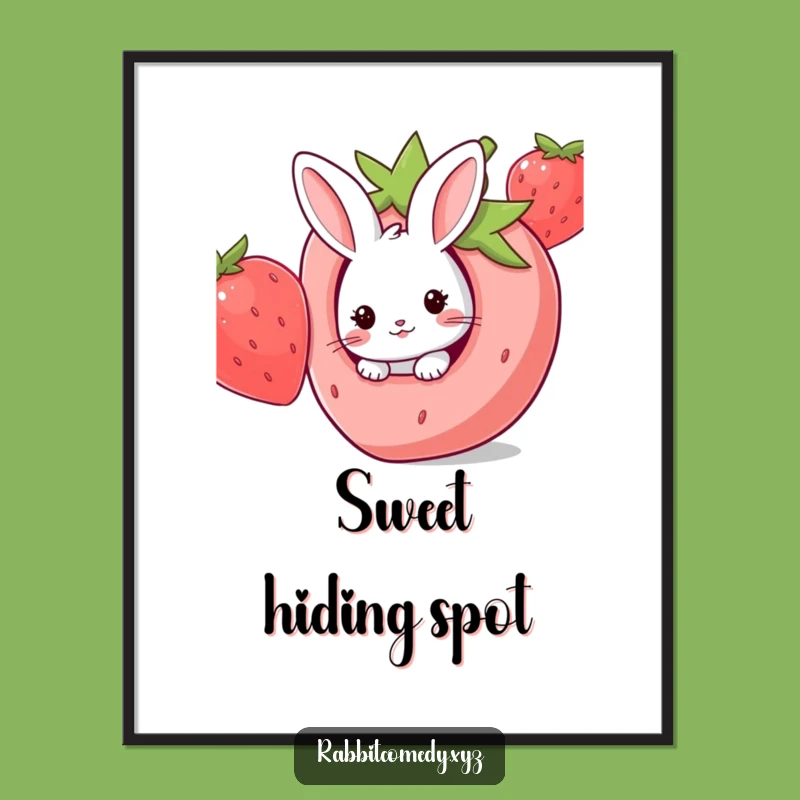 Funny Poster: Kawaii Rabbit's Strawberry Peek, Sweet Wall Art, Gift Idea