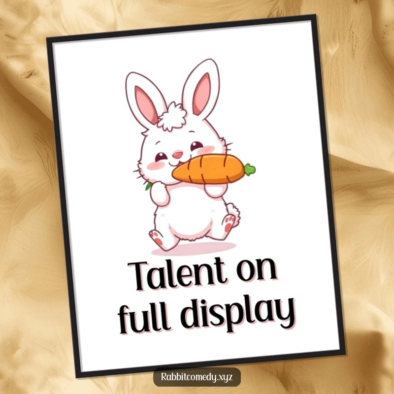 Funny poster art depicting a fluffy rabbit character skillfully bouncing a large carrot on its nose, bringing a whimsical and happy vibe to any room.