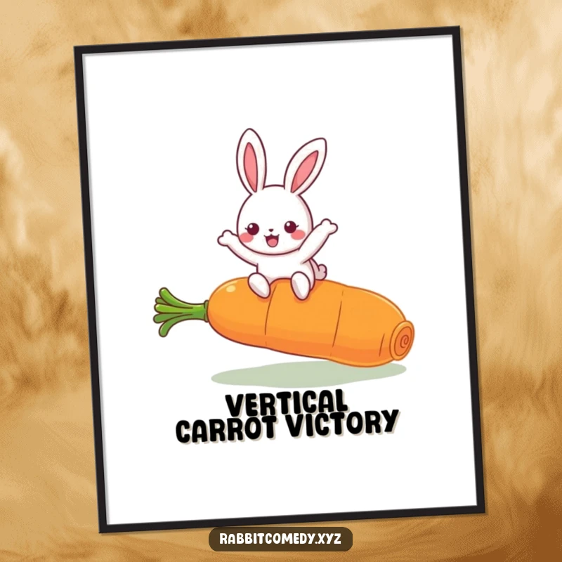 Funny Kawaii Rabbit Poster: Energetic illustration of a cute rabbit leaping over a giant carrot, adding cheer to any room.