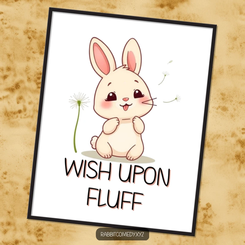 Funny kawaii rabbit poster, a charming illustration of a giggling rabbit blowing dandelion seeds, bringing whimsical energy to your decor.