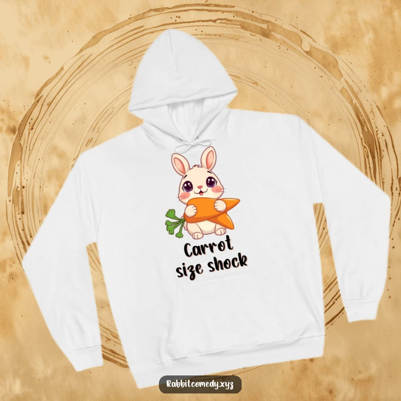 Funny Hoodie: A cozy hoodie depicting a rabbit with startled wide eyes, holding an oversized carrot.