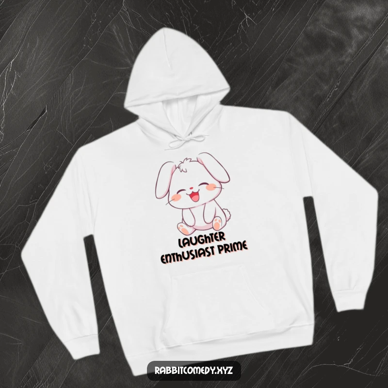 Funny hoodie featuring a rabbit character rolling with laughter, its ears flopped over, radiating warmth and infectious happiness.