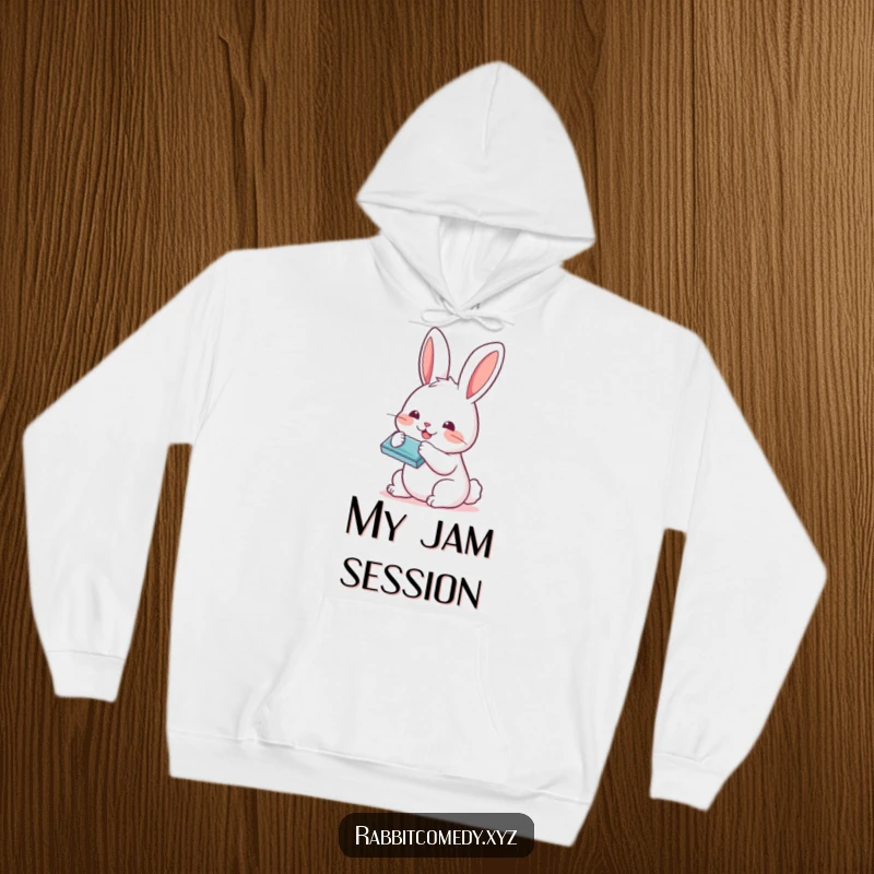 Funny Kawaii rabbit playing a tiny harmonica, radiating happiness on a soft, warm hoodie, ideal for cool days.