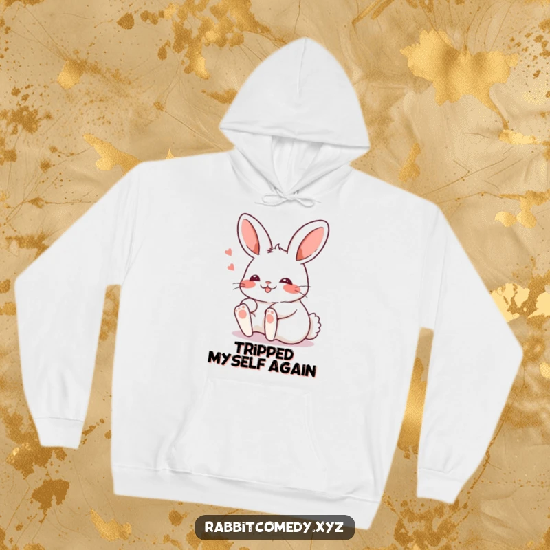 Funny Kawaii rabbit tripping comically with a blush, featured on a soft, warm hoodie for ultimate comfort and humor.