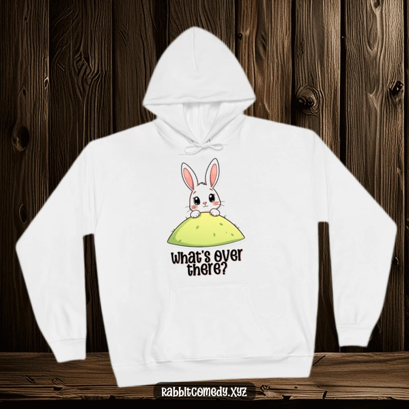 Funny hoodie showcasing a stylized rabbit peering over a hill, eyes wide with anticipation, offering warmth and humor for a great gift.