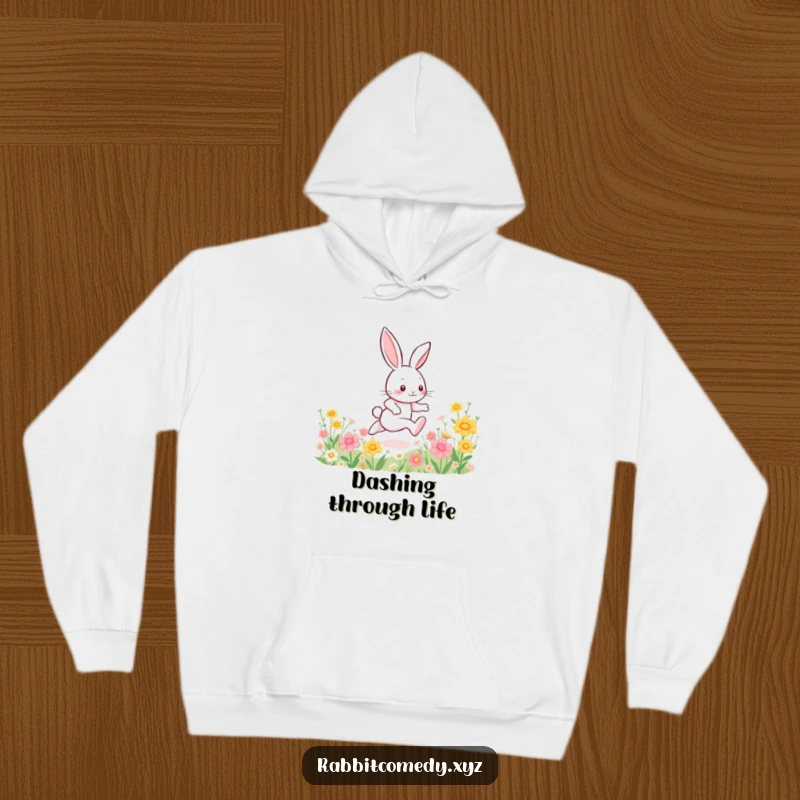 Funny hooded sweatshirt, an energetic rabbit character sprinting through a field of flowers, leaving a trail of magical sparkles.