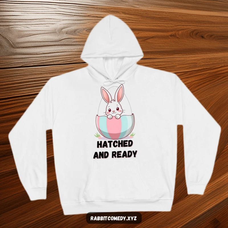 Funny Hoodie depicting a cute rabbit peeking curiously from inside a large, vibrant Easter egg, ready for Easter fun.