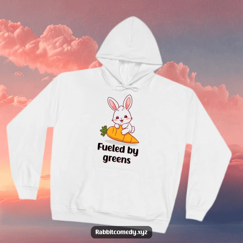 Funny Hoodie: A fluffy, kawaii rabbit character hops over a giant carrot, offering cozy comfort and cute humor, a funny gift.