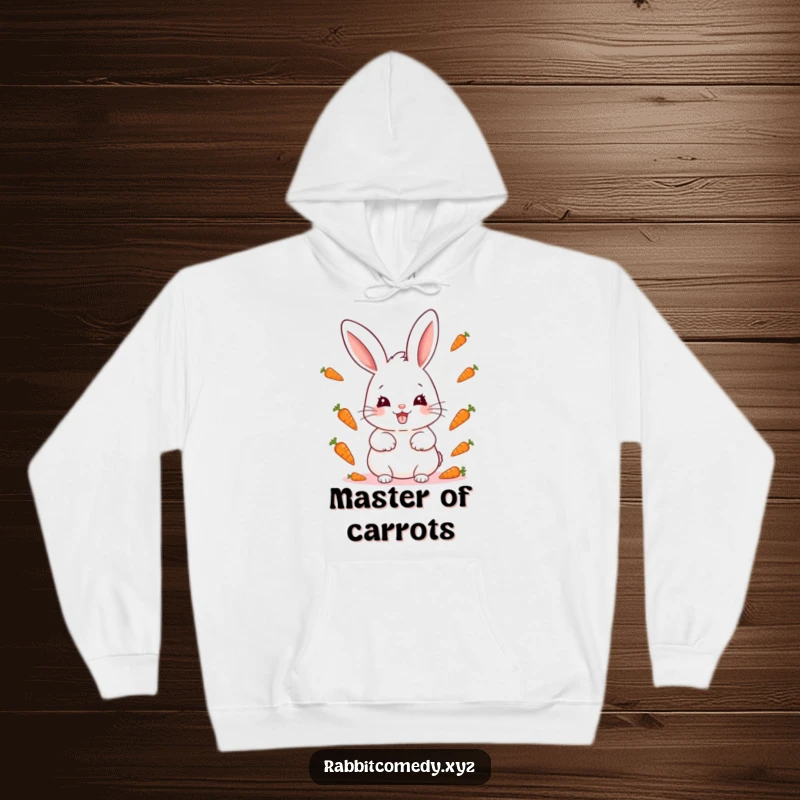 Funny kawaii rabbit with a mischievous grin juggling miniature carrots, a cozy and playful hoodie design.