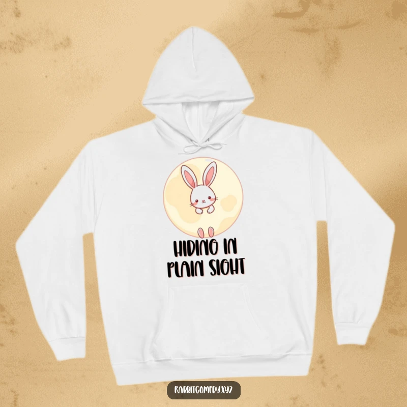 Funny little rabbit hoodie, peeking from behind a large, round moon, offering cozy comfort and whimsical, mysterious vibes.