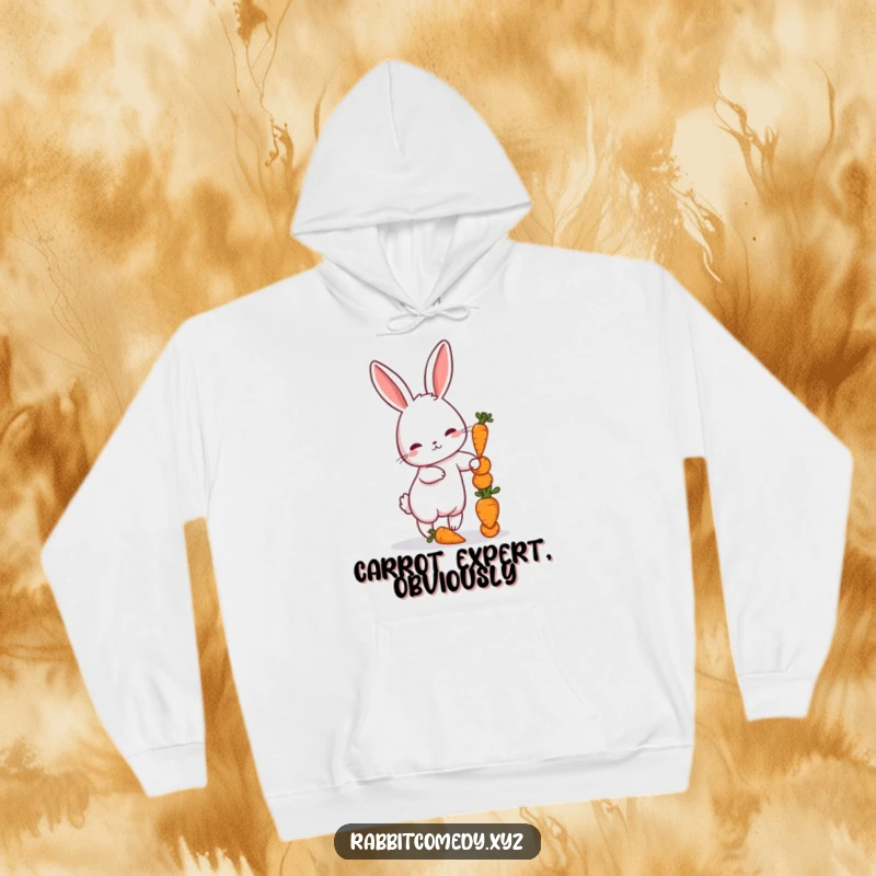 Funny hoodie featuring a petite rabbit attempting to balance a tower of tiny carrots, offering warmth and whimsy.