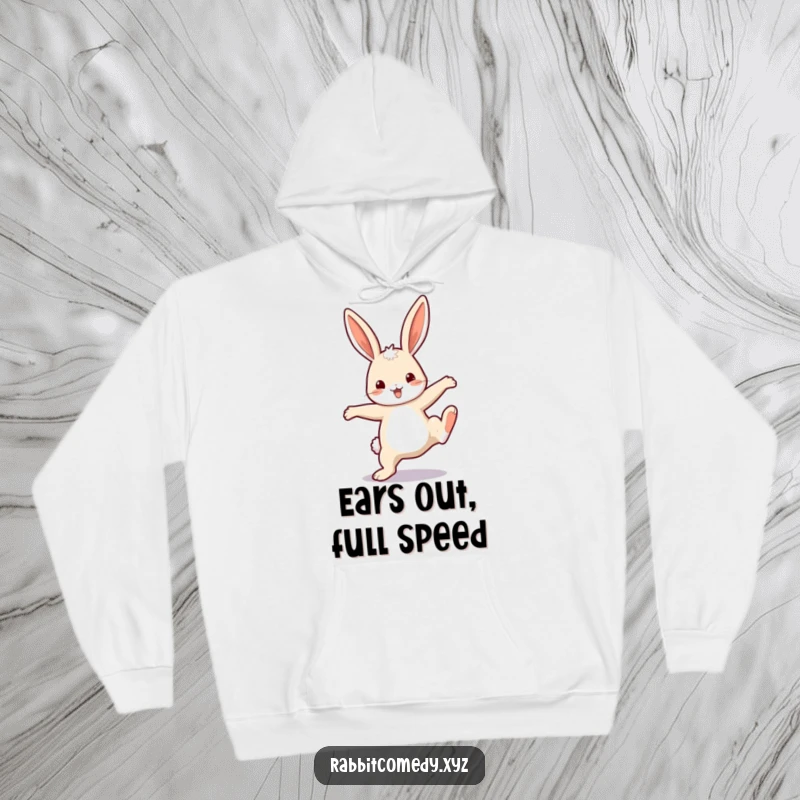Funny Hoodie: A happy rabbit with exaggerated ears joyfully performs a cartwheel, offering warmth and humor.