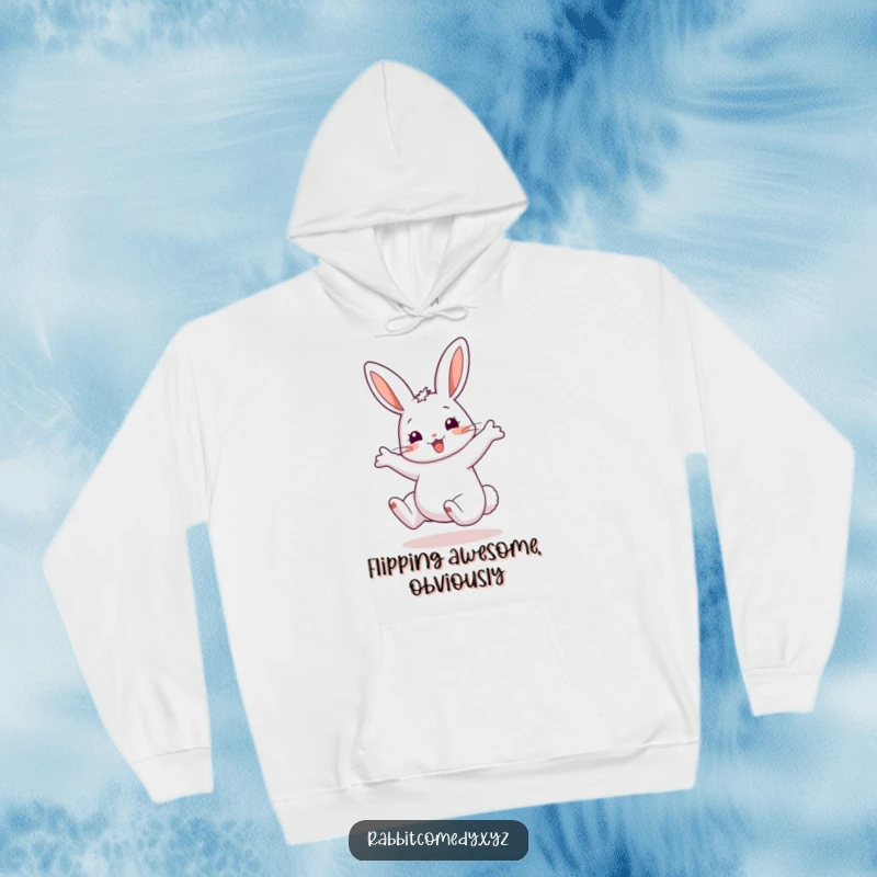 Funny Hoodie showcasing a joyful rabbit doing a cartwheel, super-sized exaggerated ears adding to the hilarity, perfect for cozy fun.
