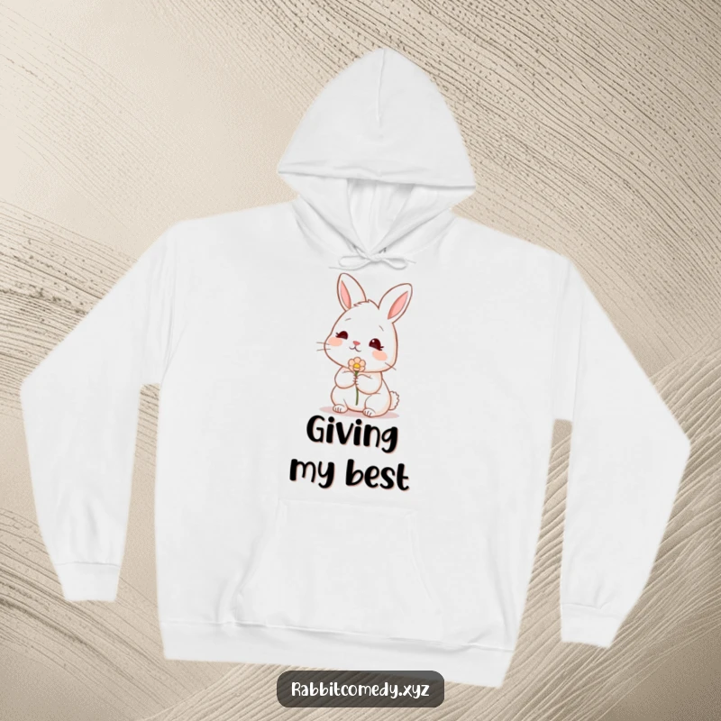 Funny rabbit wearing a hoodie, blushing and offering a flower, a cozy and funny gift for sweethearts.