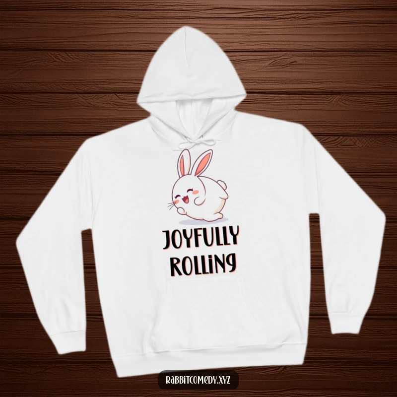 Funny round rabbit character joyfully tumbling end over end on a humorous hoodie, great for comfort.