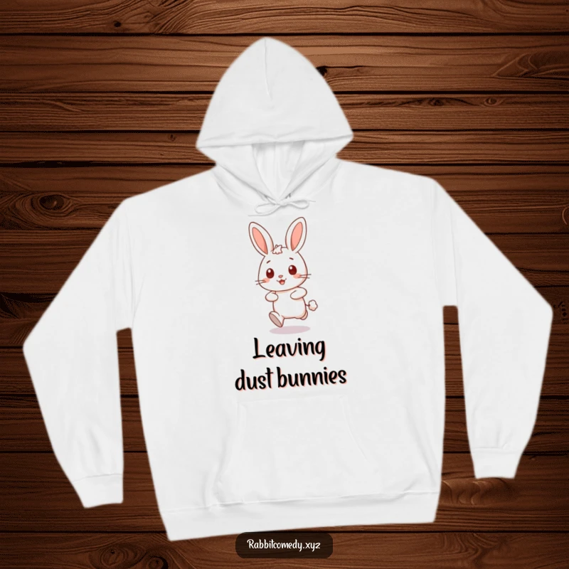 Funny happy rabbit character dashing forward, leaving a puff of dust on a humorous hoodie, great for comfort.