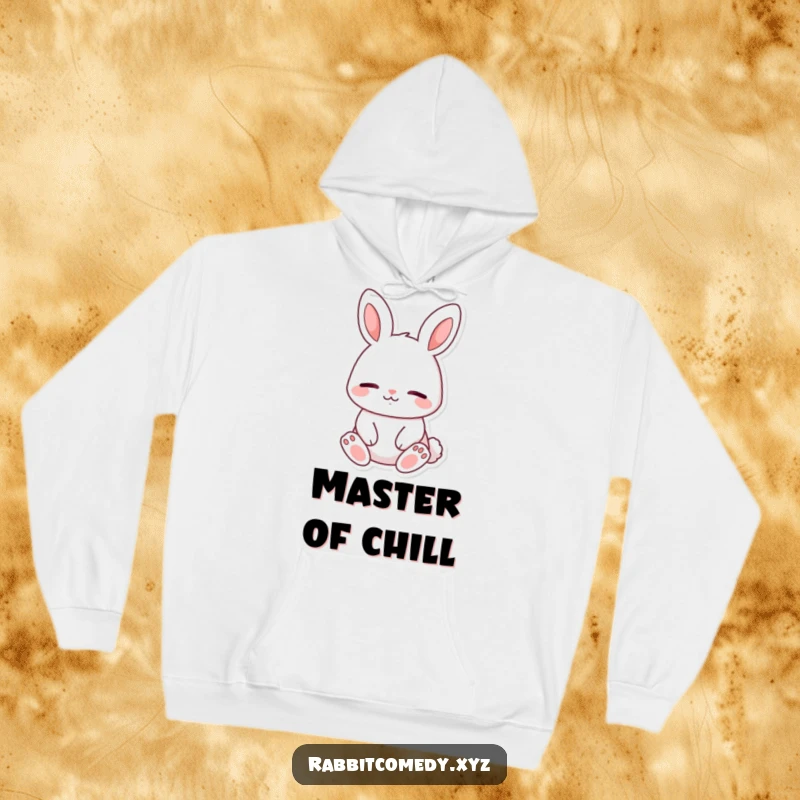 Funny hooded sweatshirt, a content rabbit character sitting peacefully with a calm smile and closed eyes, offering cozy serenity.