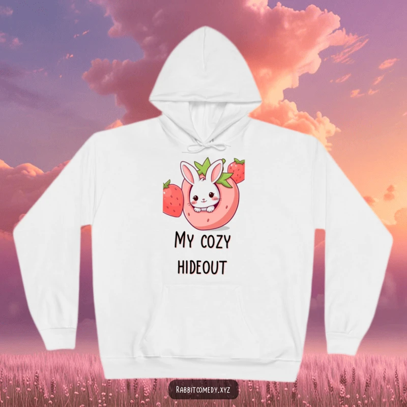 Funny Kawaii rabbit peeking from a hole within a giant strawberry, offering cozy charm on this hoodie.