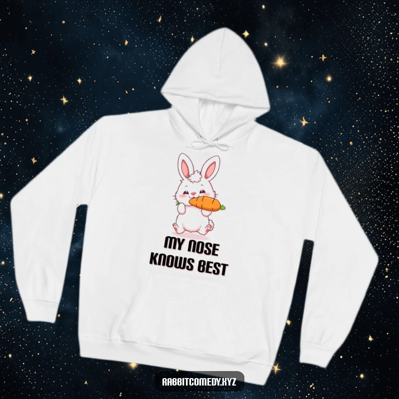 Funny hoodie designed with a fluffy rabbit character grinning while bouncing a large carrot on its nose, offering warmth and playful humor.