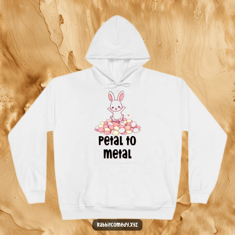 Funny hoodie featuring a jumping rabbit character joyfully landing in a soft pile of colorful flower petals, embracing spring.