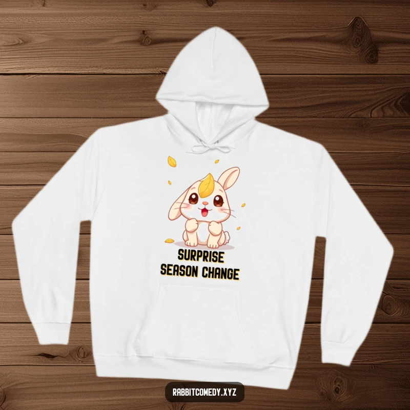 Funny Kawaii Rabbit Hoodie: Soft hoodie featuring a cute rabbit with startled, big eyes reacting to a falling leaf.