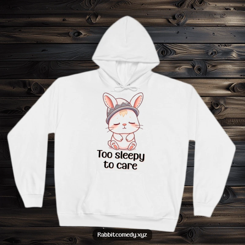 Funny hoodie featuring a sleepy rabbit comically sporting a thimble as a hat, offering ultimate coziness and charm.