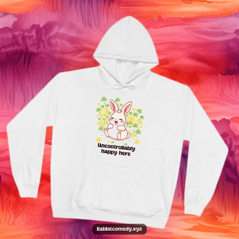 Funny giggling rabbit with belly up, rolling in clover, soft and humorous hoodie for happy times.