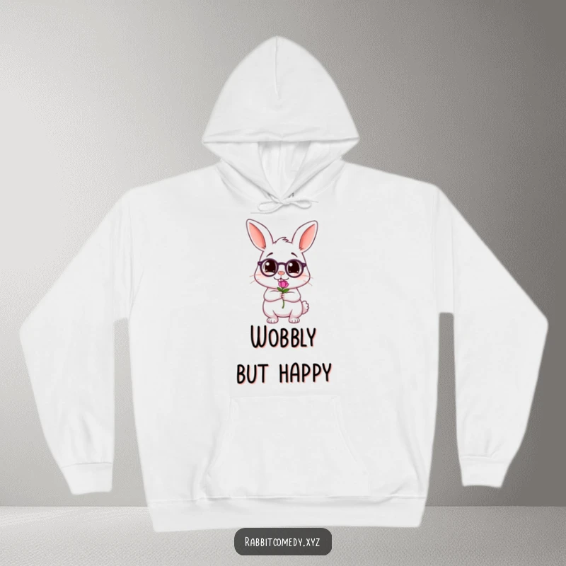 Funny hoodie showcasing a tipsy rabbit character wobbling while holding a small flower, radiating a content and slightly unsteady warmth.