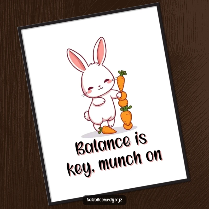 Funny Free Printable Wall Art: Petite rabbit struggling to balance a tower of miniature carrots.