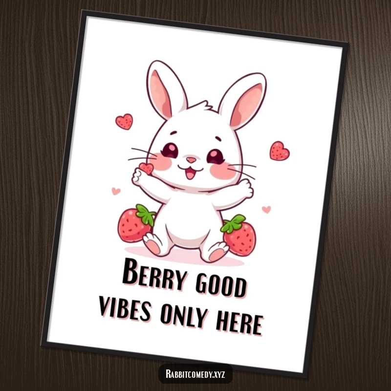 Funny Free Printable Wall Art: A playful rabbit skillfully juggling three bright berries with a concentrated, happy look.