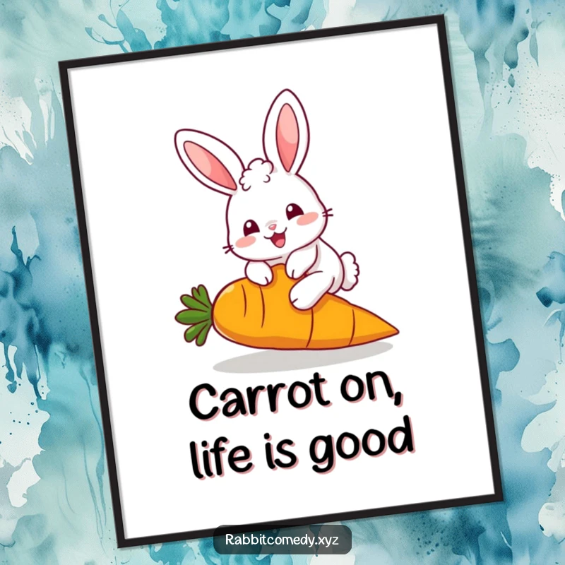 Funny Free Printable Wall Art featuring a fluffy, kawaii rabbit joyfully hopping over a giant carrot, adding cute and humorous decor.