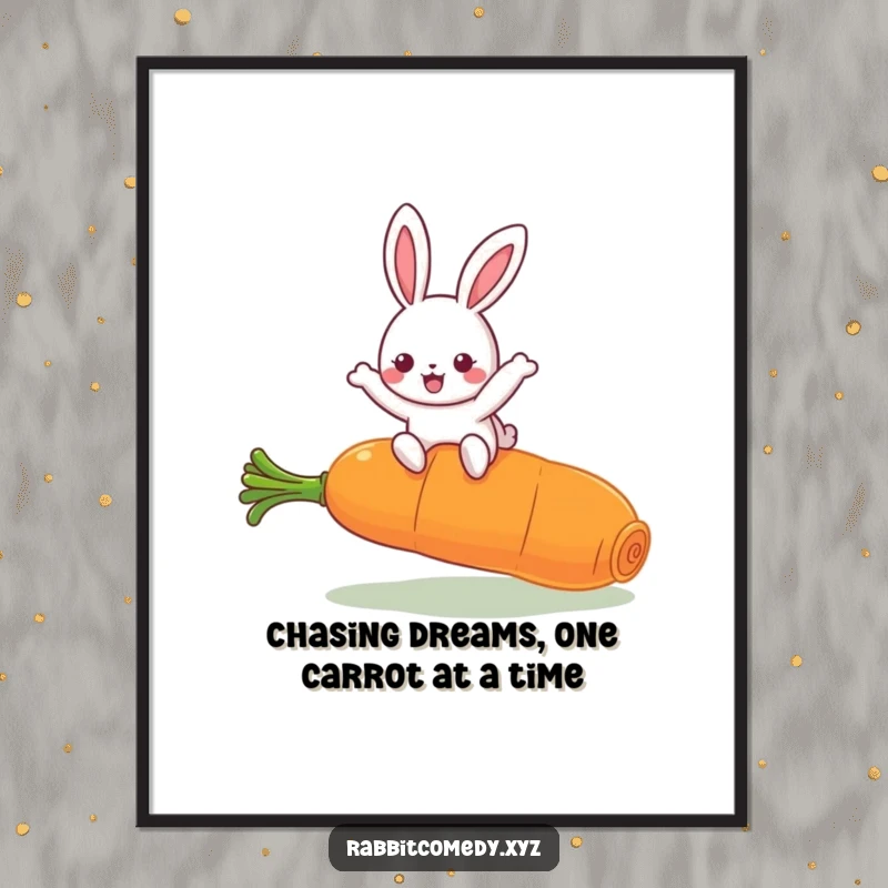 Funny Free Printable Wall Art: Kawaii rabbit joyfully leaping over a giant carrot, a humorous and charming downloadable piece.
