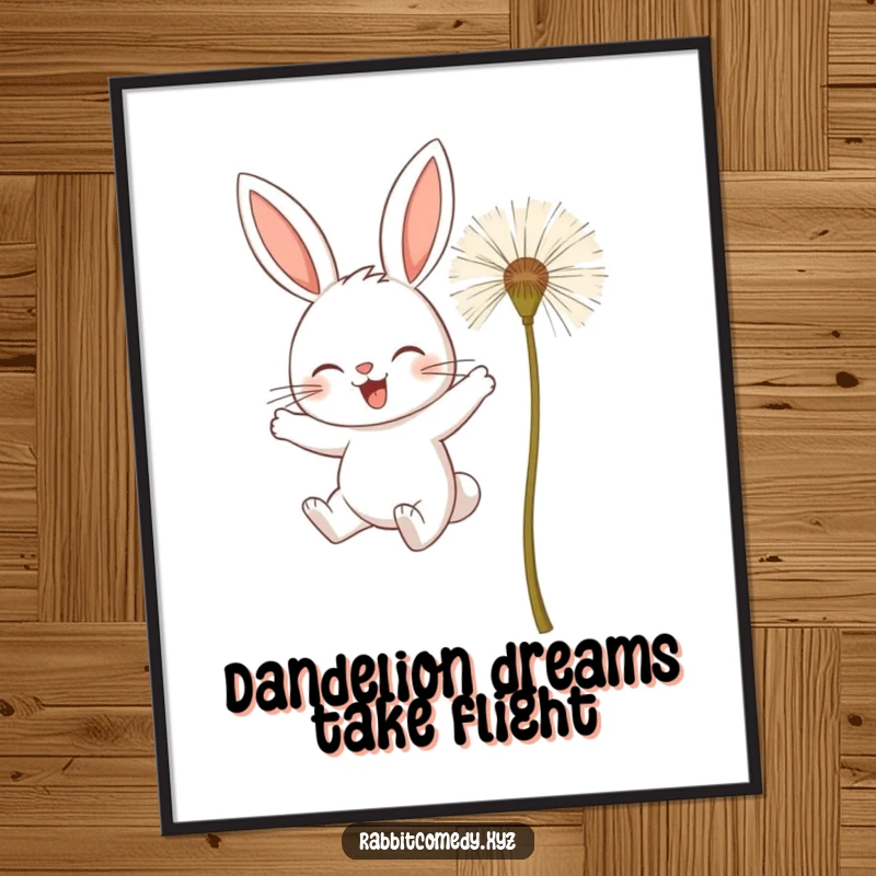Funny Free Printable Wall Art: Determined rabbit attempting flight with giant dandelion seeds, inspiring downloadable decor.