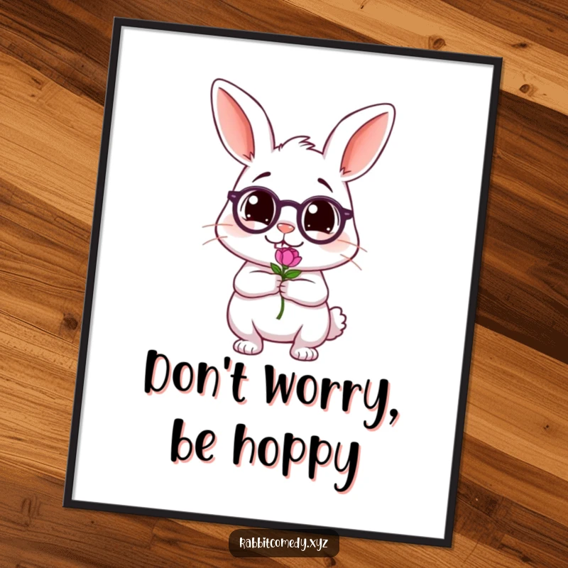 Funny Free Printable Wall Art of a tipsy rabbit wobbling with a tiny flower, exuding cheerful, slightly unsteadiness.