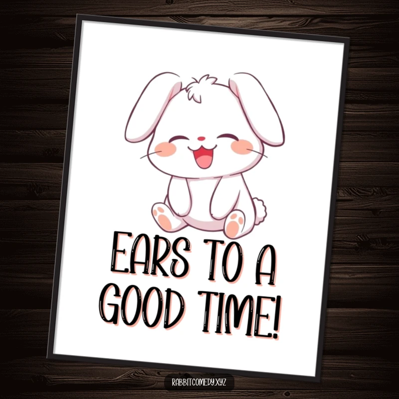 Funny free printable wall art: A rabbit giggling with its ears flopped over, radiating happiness and infectious laughter.