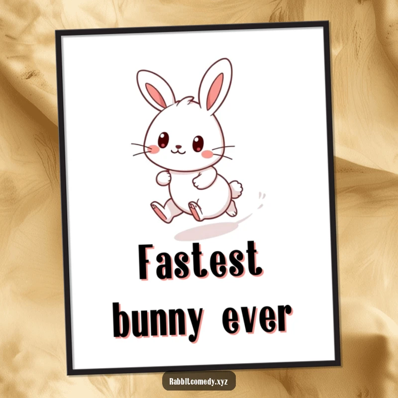 Funny Free Printable Wall Art: A Kawaii rabbit character in a playful dash, creating a dust trail.