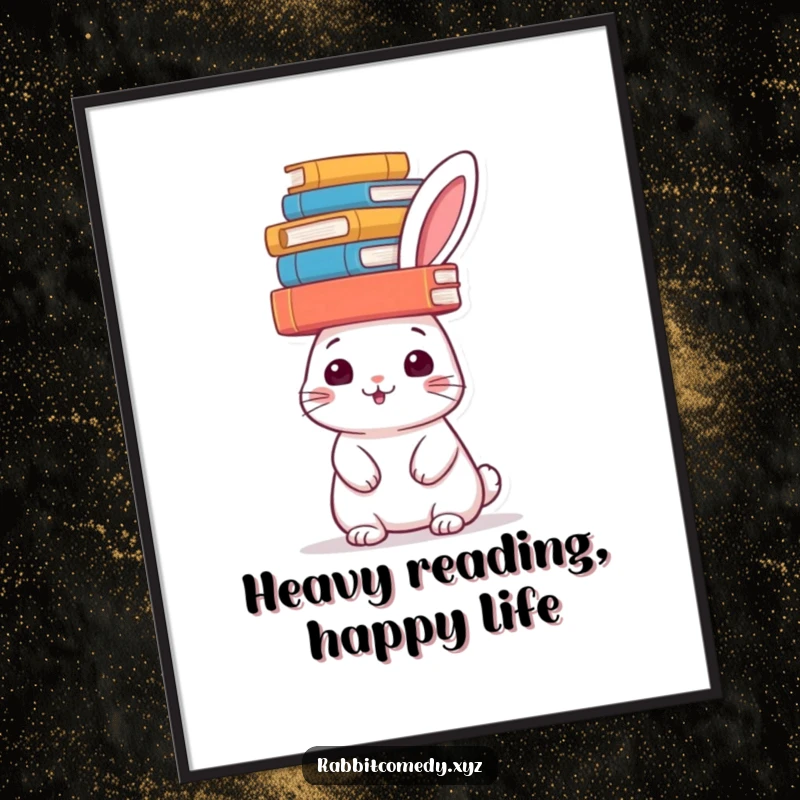Funny Free Printable Wall Art: A cheerful rabbit balancing a tall stack of books perfectly on its head, showcasing intellect and humor.