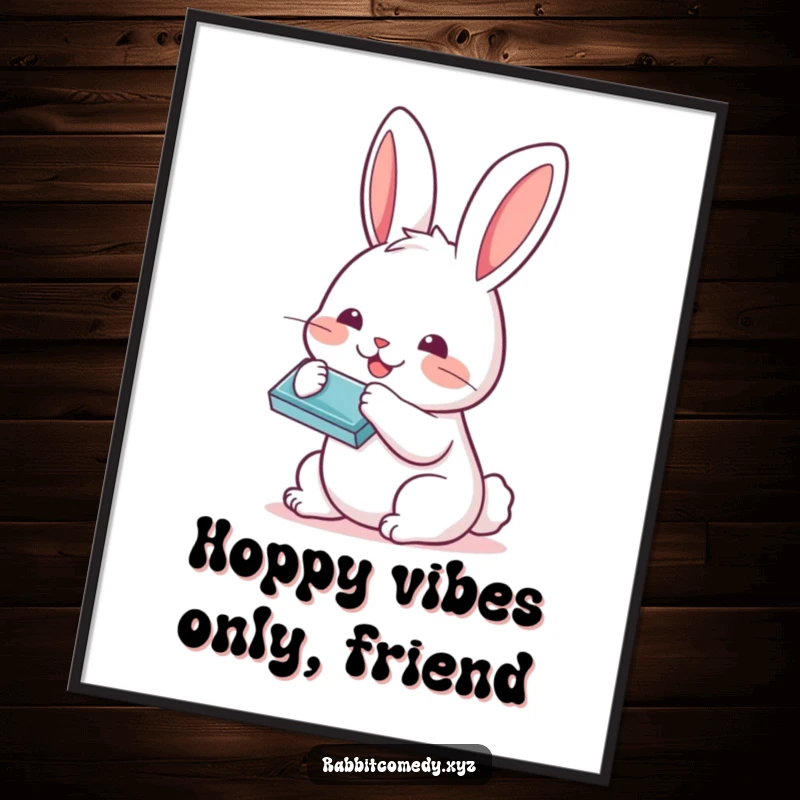 Funny Free Printable Wall Art: A happy Kawaii rabbit serenades with a tiny harmonica, bringing joy to any room.