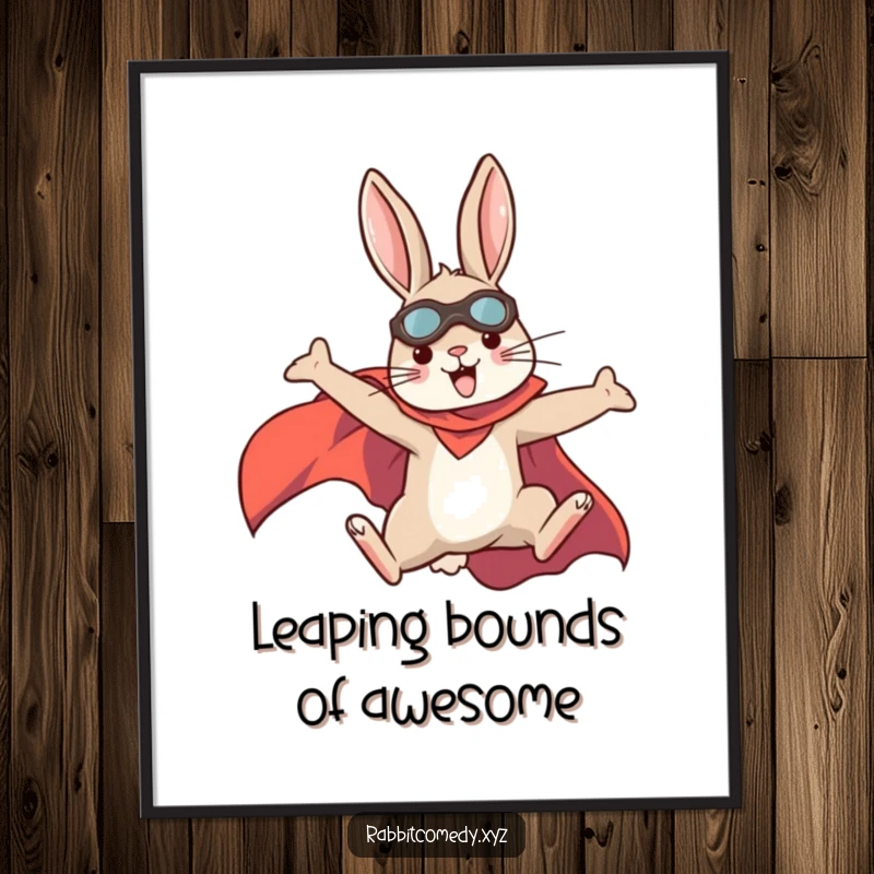 Funny Free Printable Wall Art: A determined rabbit wearing a superhero cape, leaping high with incredible energy and a funny expression.