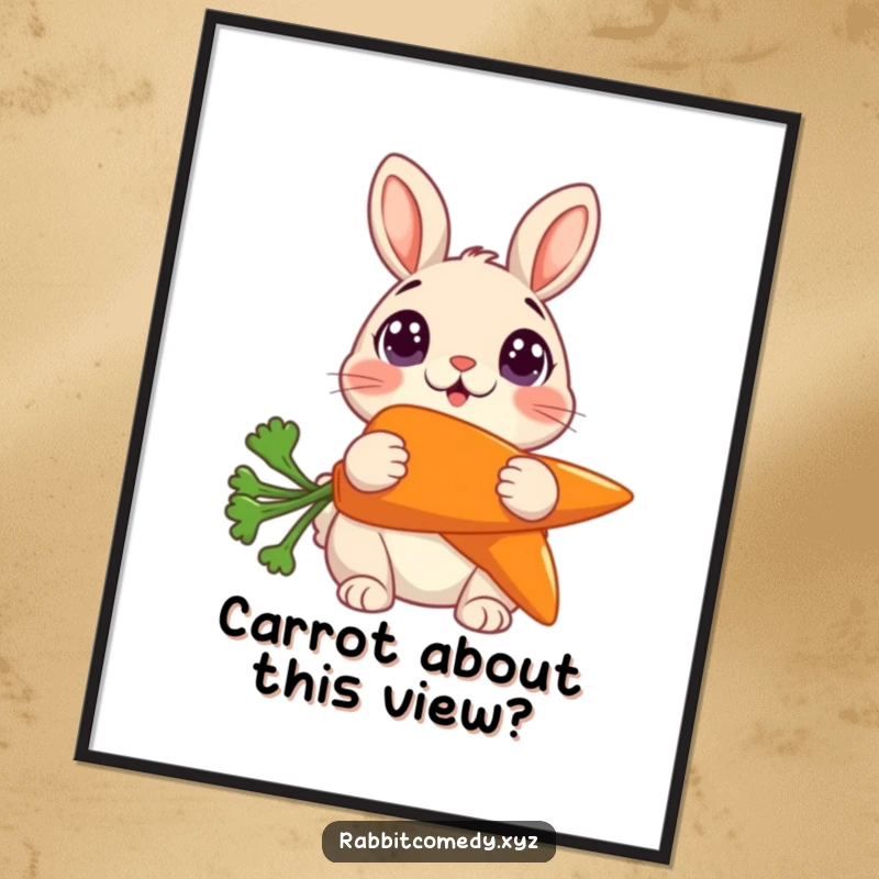 Funny free printable wall art of a rabbit with comically wide eyes, holding an oversized carrot.