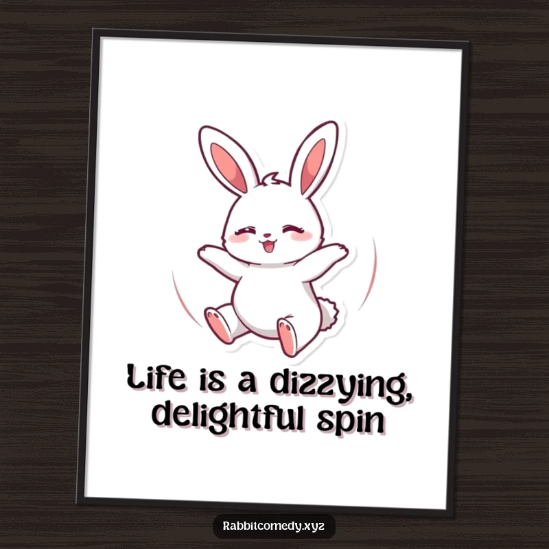 Funny Free Printable Wall Art: A delightful rabbit energetically spins with closed eyes, radiating pure, unadulterated happiness.