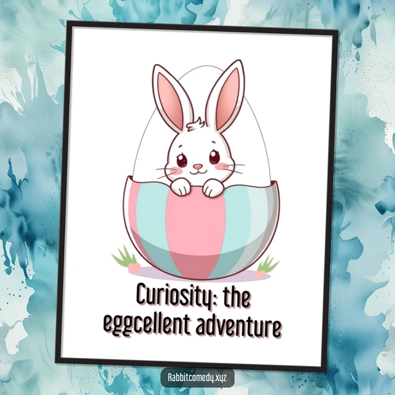 Funny Free Printable Wall Art: A curious rabbit peeks shyly from a large, colorful striped Easter egg, hinting at secrets.