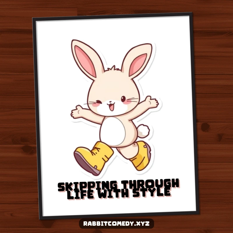 Funny Free Printable Wall Art: Happy rabbit character wearing oversized boots and skipping with pure, unadulterated delight.
